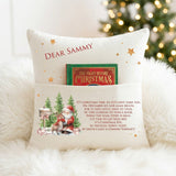 Personalised 24 Days of Christmas Story Cushion with Santa and reindeer design and front pocket for Christmas book