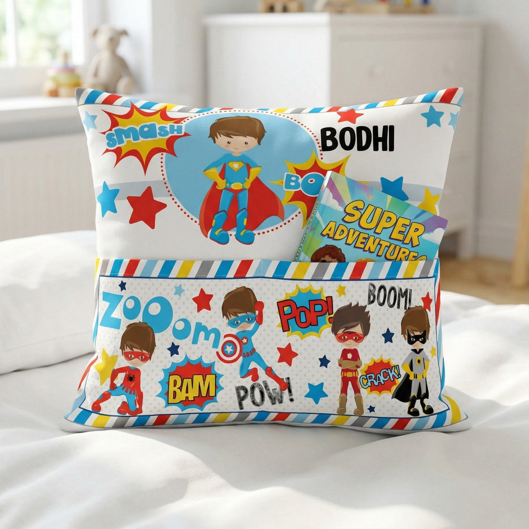 Personalised Superhero Pocket Book Cushion with built-in pocket and child's name on superhero design
