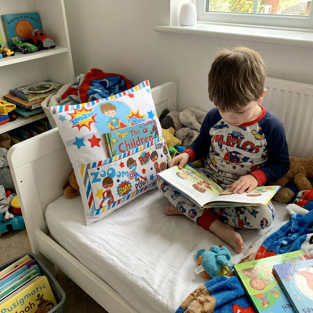 Personalised Superhero Pocket Book Cushion with comic-style design and built-in book pocket for kids