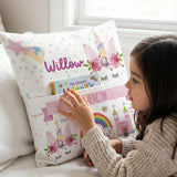 Personalised unicorn pocket book cushion with pastel unicorn illustration and built-in book pocket for children