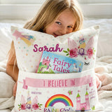 Personalised Unicorn Pocket Book Cushion with name, pastel unicorn design, and built-in book pocket for children