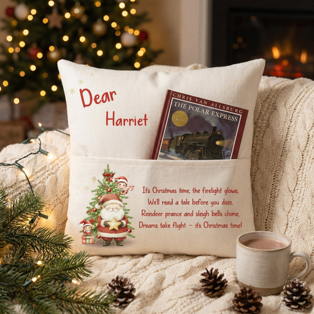 Personalised Dear Santa Christmas Story Cushion with front pocket for children's books and festive design