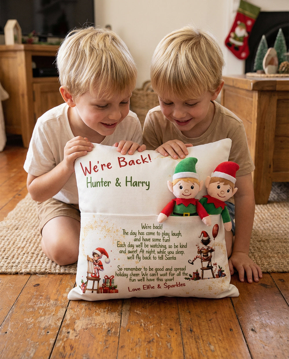 Customised "We’re Back" Christmas pillow with front elf pocket and child's name on rustic linen-style cushion cover