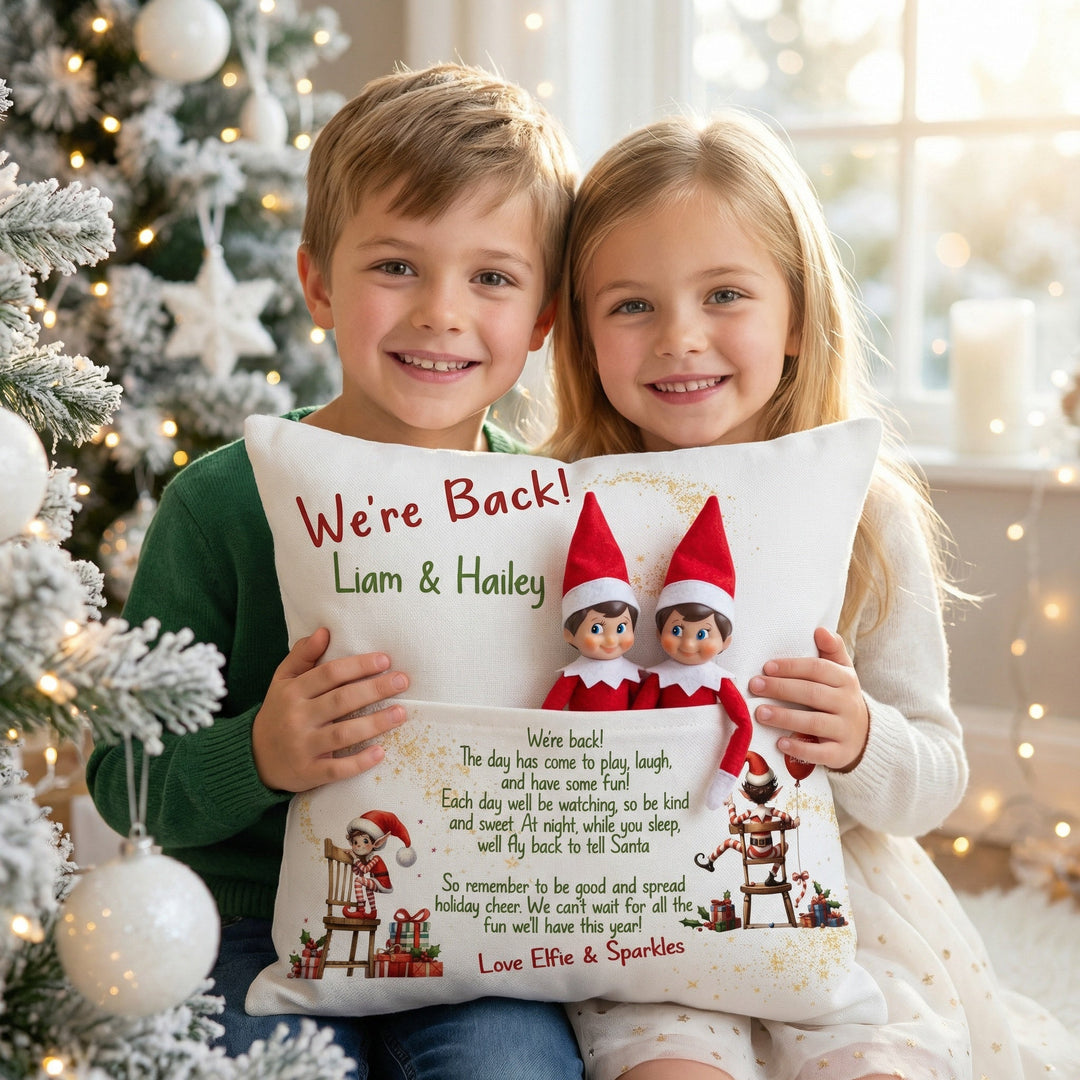 Personalised “We’re Back” Christmas Pillow with front pocket for elf toy or letters, custom name and rustic linen-style fabric design