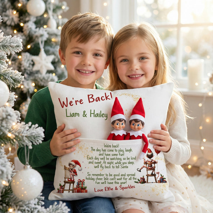 Personalised “We’re Back” Christmas Pillow with front pocket for elf toy or letters, custom name and rustic linen-style fabric design