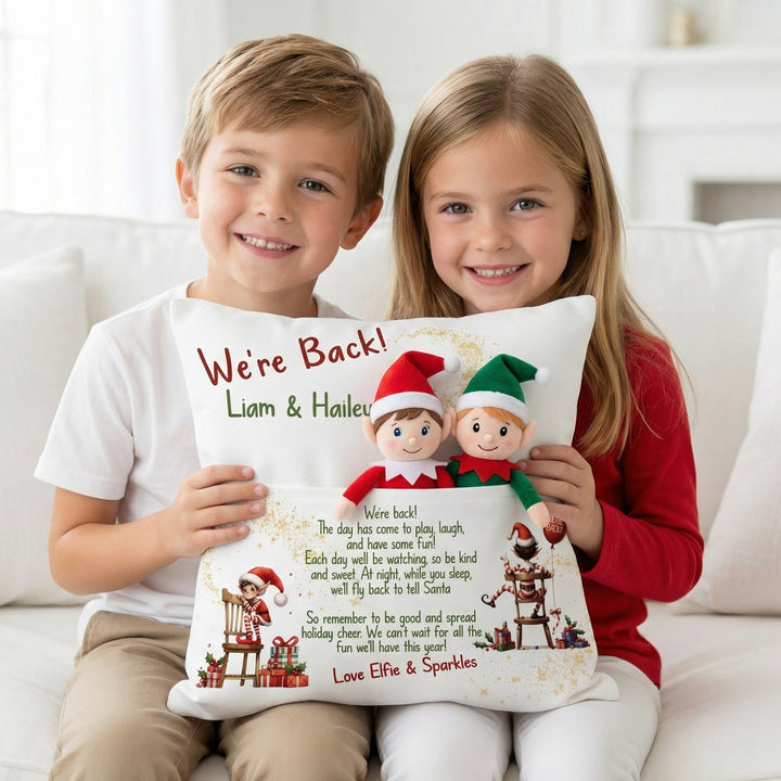 Personalised “We’re Back” Christmas Pillow with elf pocket and custom name on rustic linen fabric