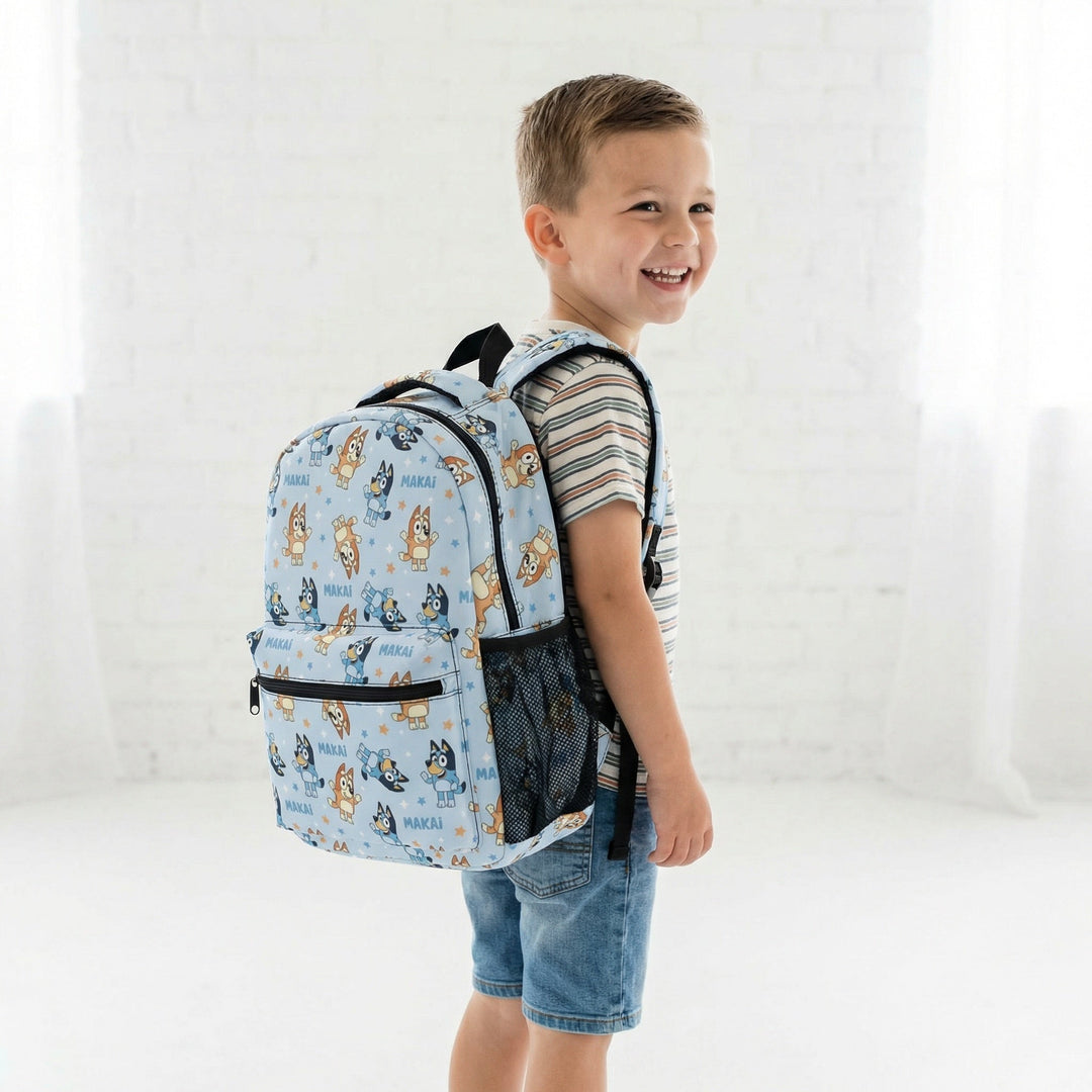 Colourful personalised kids backpack with name, spacious compartments, side pockets, and anti-slip buckle for school and outings.