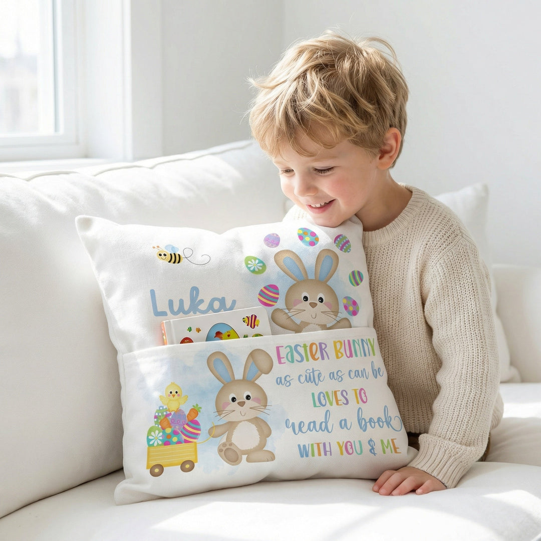 Personalised Easter Pocket Book Cushion in blue with Easter bunny and name, 16-inch soft fabric pouch for kids' books