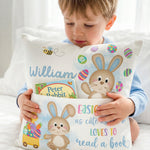Blue personalised Easter pocket book cushion with bunny design and name pocket for kids' books