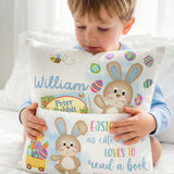 Blue personalised Easter pocket book cushion with bunny design and name pocket for kids' books