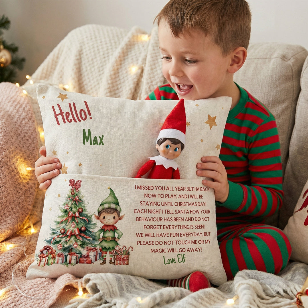 Personalised Elf Christmas Cushion with front pocket for Elf and festive home decor