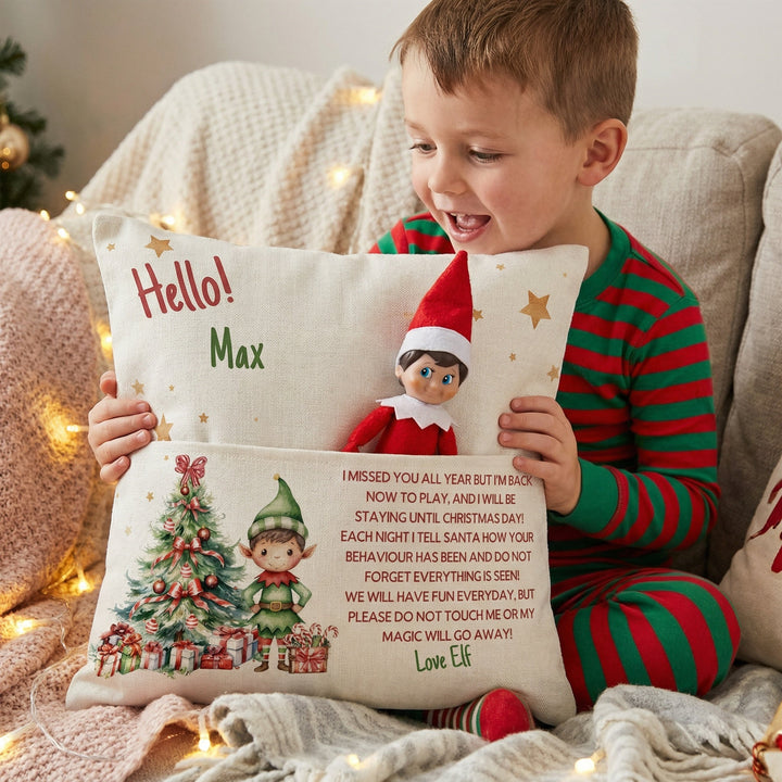 Personalised Elf Christmas Cushion with front pocket for Elf and festive home decor