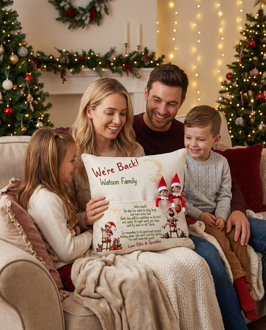 Personalised We’re Back Christmas pillow with front elf pocket and rustic linen-style fabric
