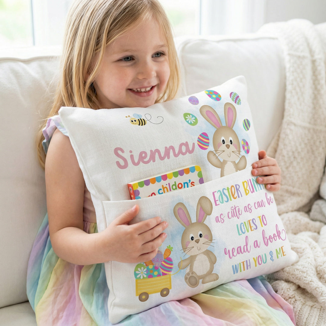 Personalised Pink Easter Pocket Book Cushion with bunny and name pocket for kids' books