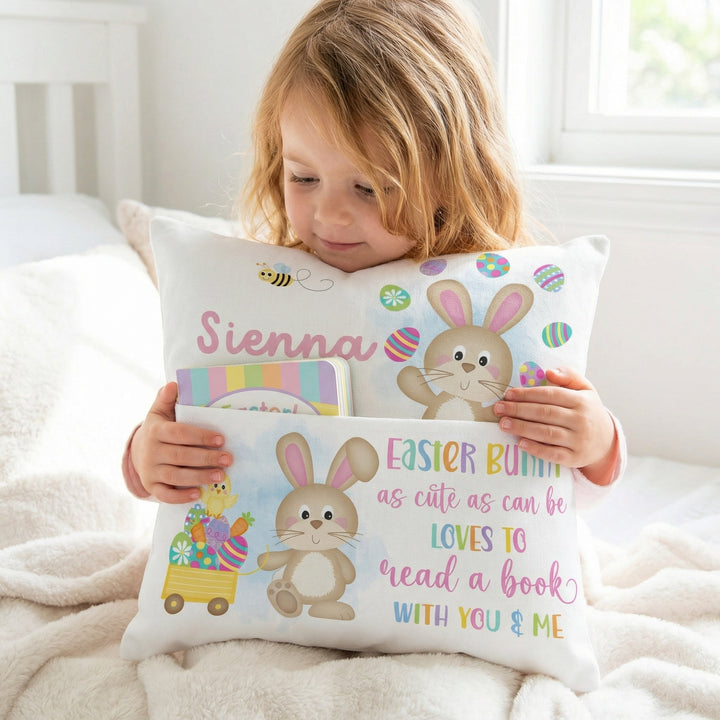Personalised pink Easter pocket book cushion with bunny design and name pocket for children’s stories