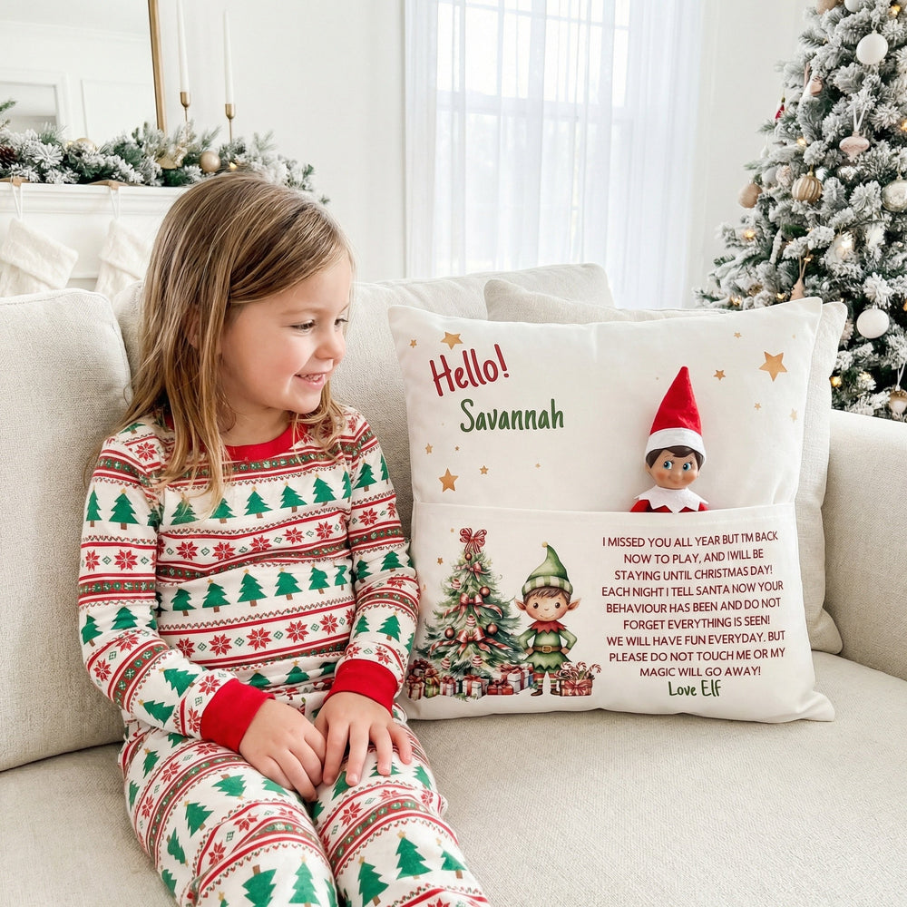 Personalised Elf Christmas Cushion with front pocket for elf and festive home decor