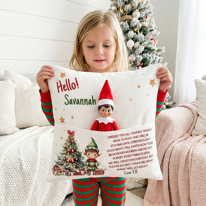 Personalised Elf Christmas Cushion with cosy front pocket and rustic holiday charm