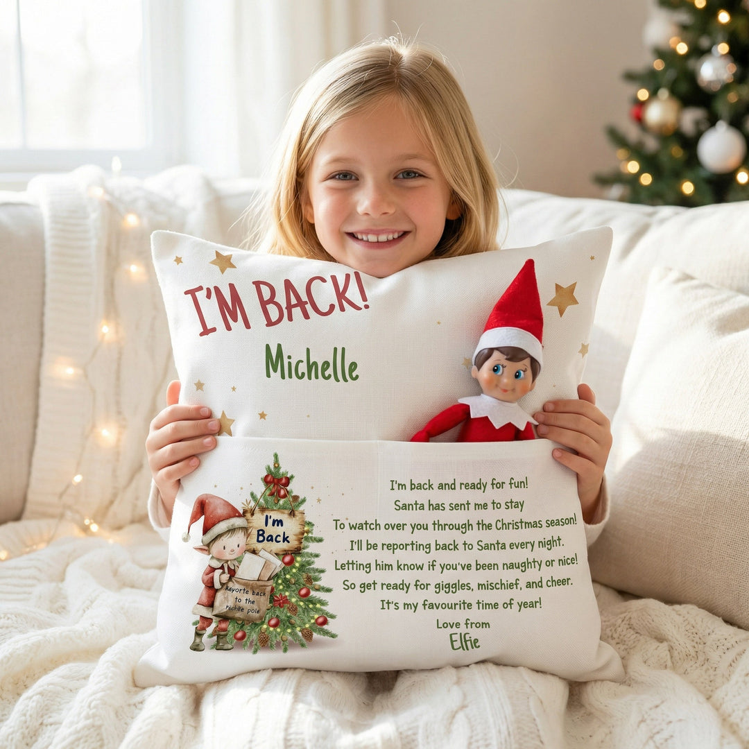 Personalised “I'm Back” Christmas Pillow with front elf pocket for festive decor