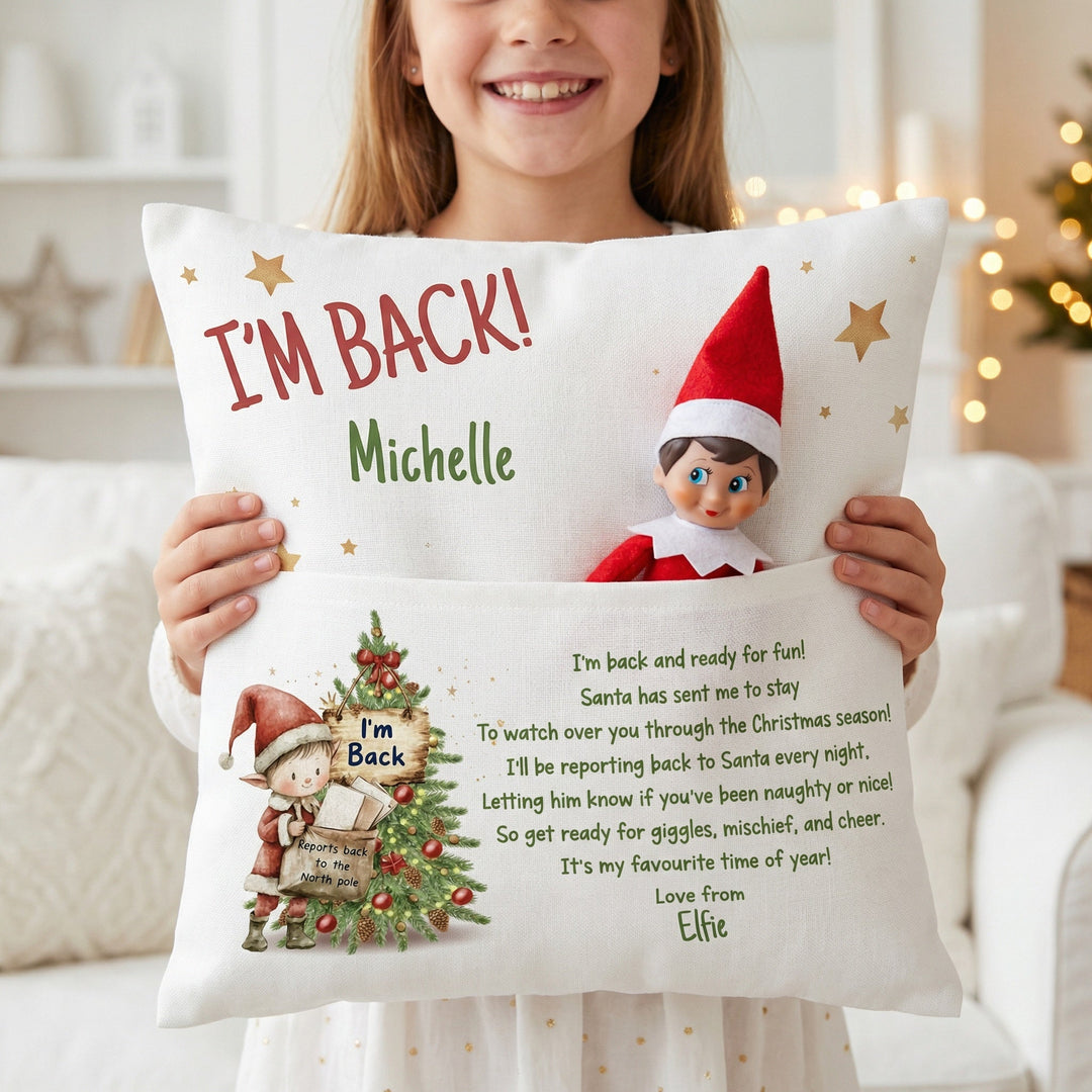Personalised "I'm Back" Christmas pillow with front elf pocket and child's name on soft linen fabric