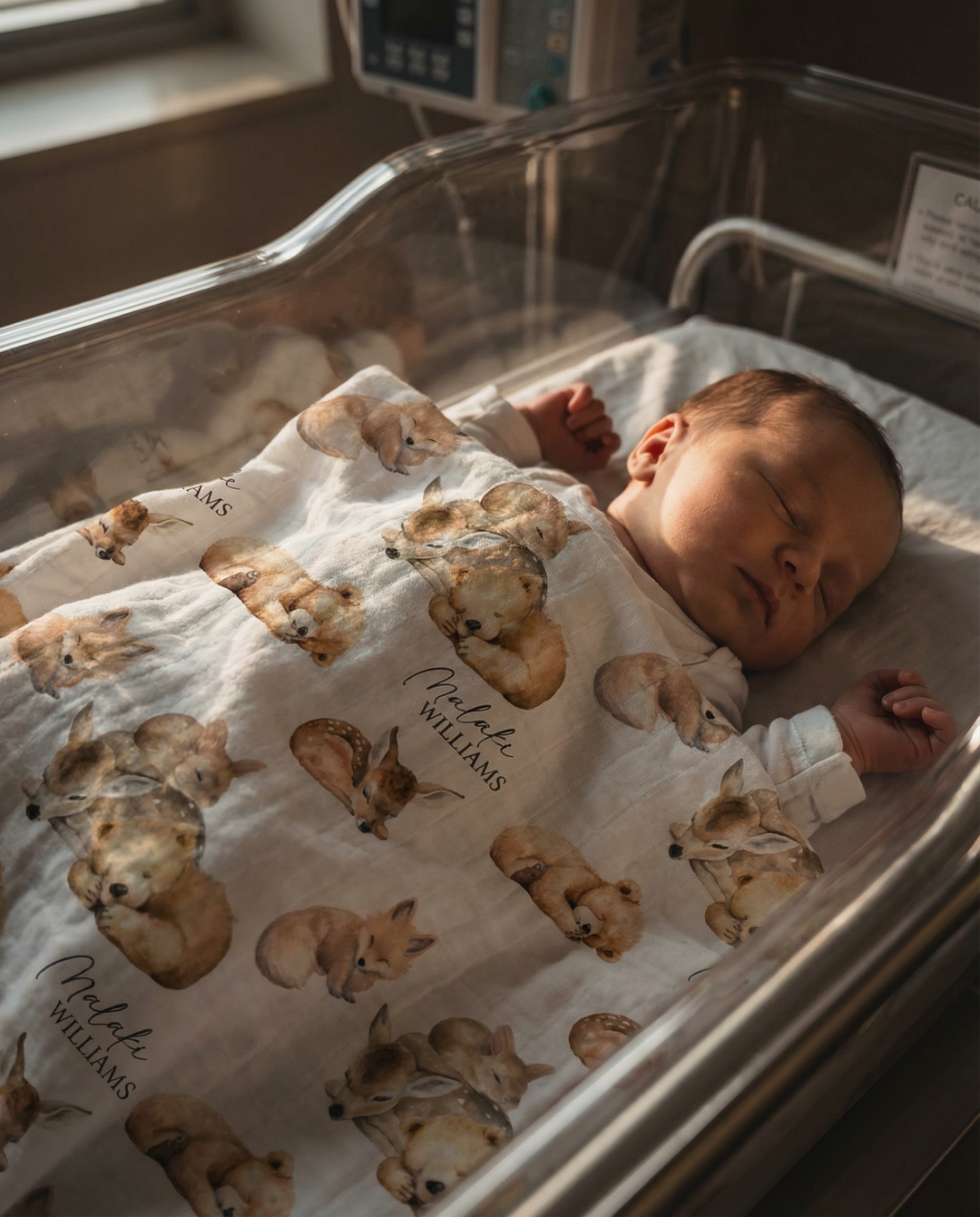 Personalised custom muslin swaddle wrap with baby name, lightweight and breathable fabric, 120x120cm size for newborns