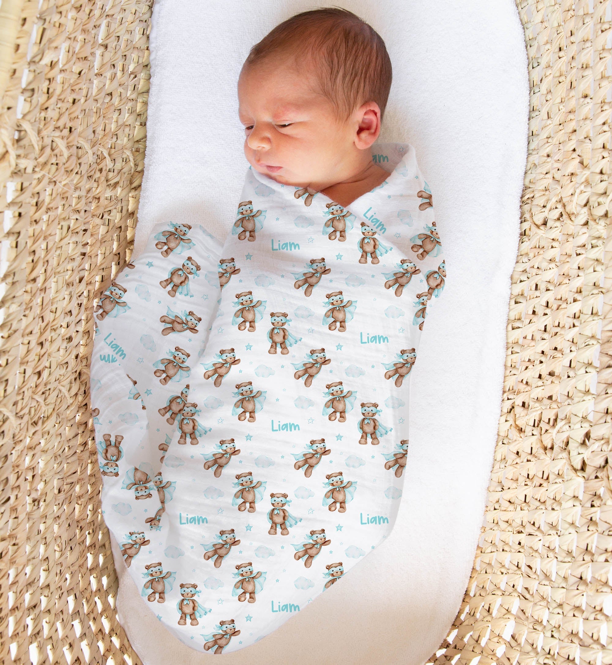 Personalised muslin swaddle wrap with baby name, soft breathable fabric, 120x120cm size for newborns and babies