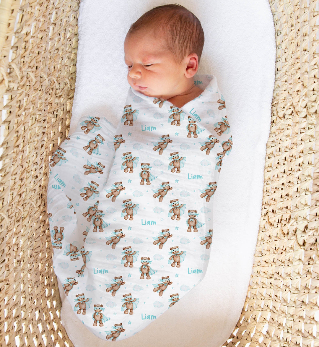 Personalised muslin swaddle wrap with baby name, soft breathable fabric, 120x120cm size for newborns and babies