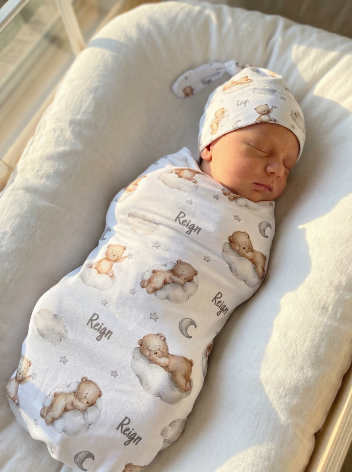 Personalised baby swaddle and beanie set made from soft stretch poly fabric for newborn comfort and style