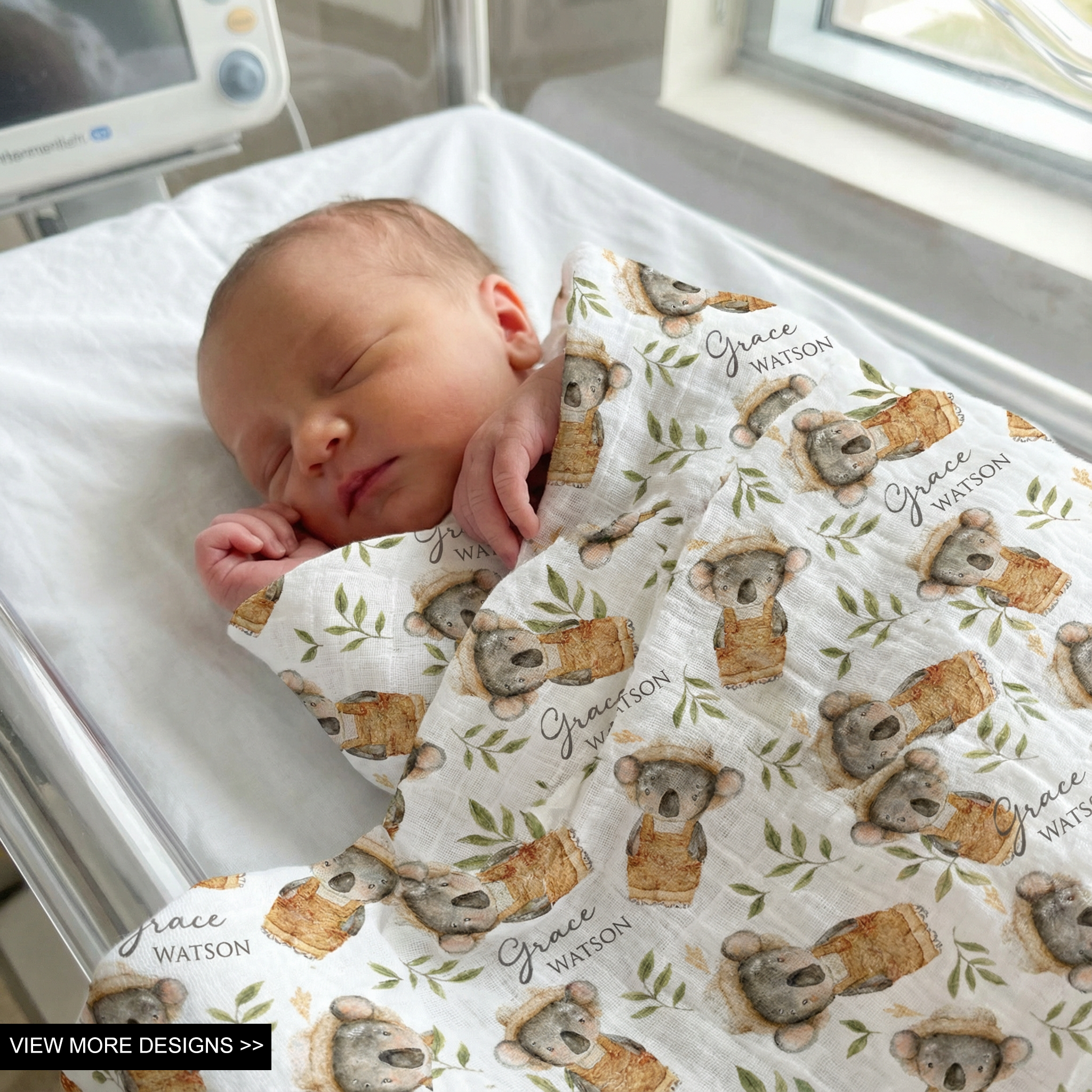 Custom muslin swaddle wrap personalized with baby’s name, breathable soft fabric, 120x120cm size for newborns and babies.