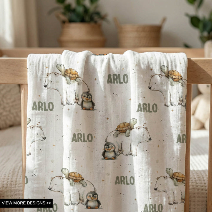 Personalised muslin swaddle wrap with baby’s name, lightweight and breathable fabric, 120x120cm size for newborns.