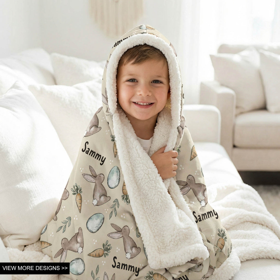 Personalised Easter hooded blanket with soft sherpa lining for kids, cozy and skin-friendly design
