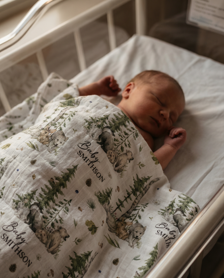 Personalised custom muslin swaddle wrap with baby name, soft breathable fabric, 120x120cm size for newborns and babies